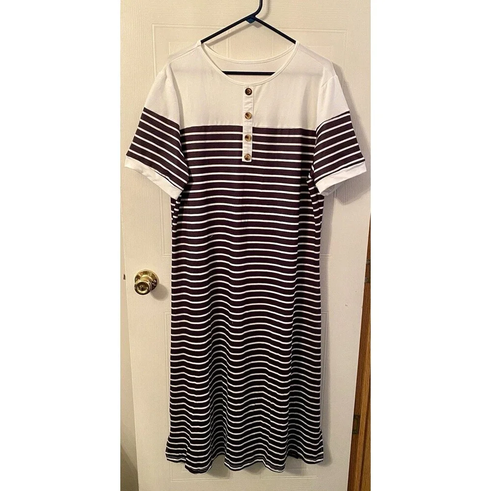 SHEIN Black White Striped Short Sleeve Midi Dress 2X New